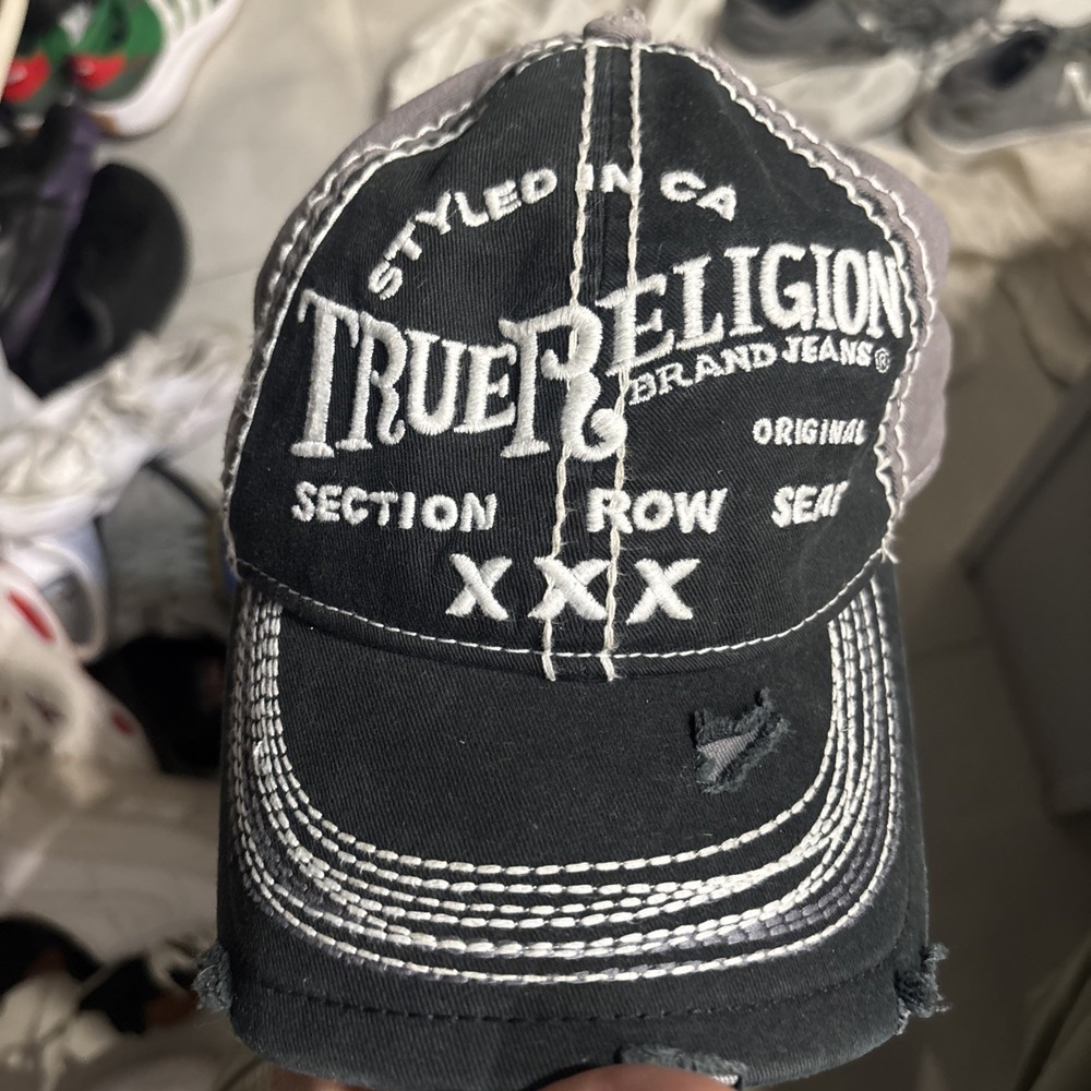 True Religion XXX Distressed Trucker Baseball Cap Hat Section Row Seat - Picture 1 of 7
